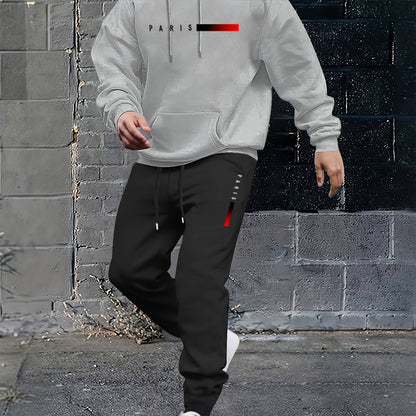 Men's loose-fit hoodie and pants set, white hoodie with hood drawstrings and front pocket, black joggers