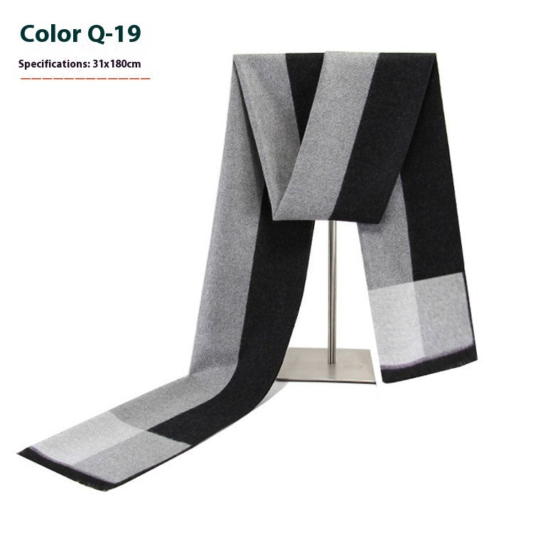 Black and gray checkered scarf on a stand with specifications displayed.