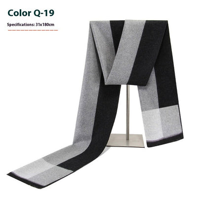 Black and gray checkered scarf on a stand with specifications displayed.
