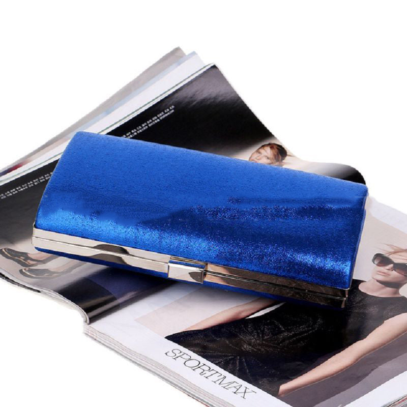 Blue satin evening clutch bag with metal bar clasp