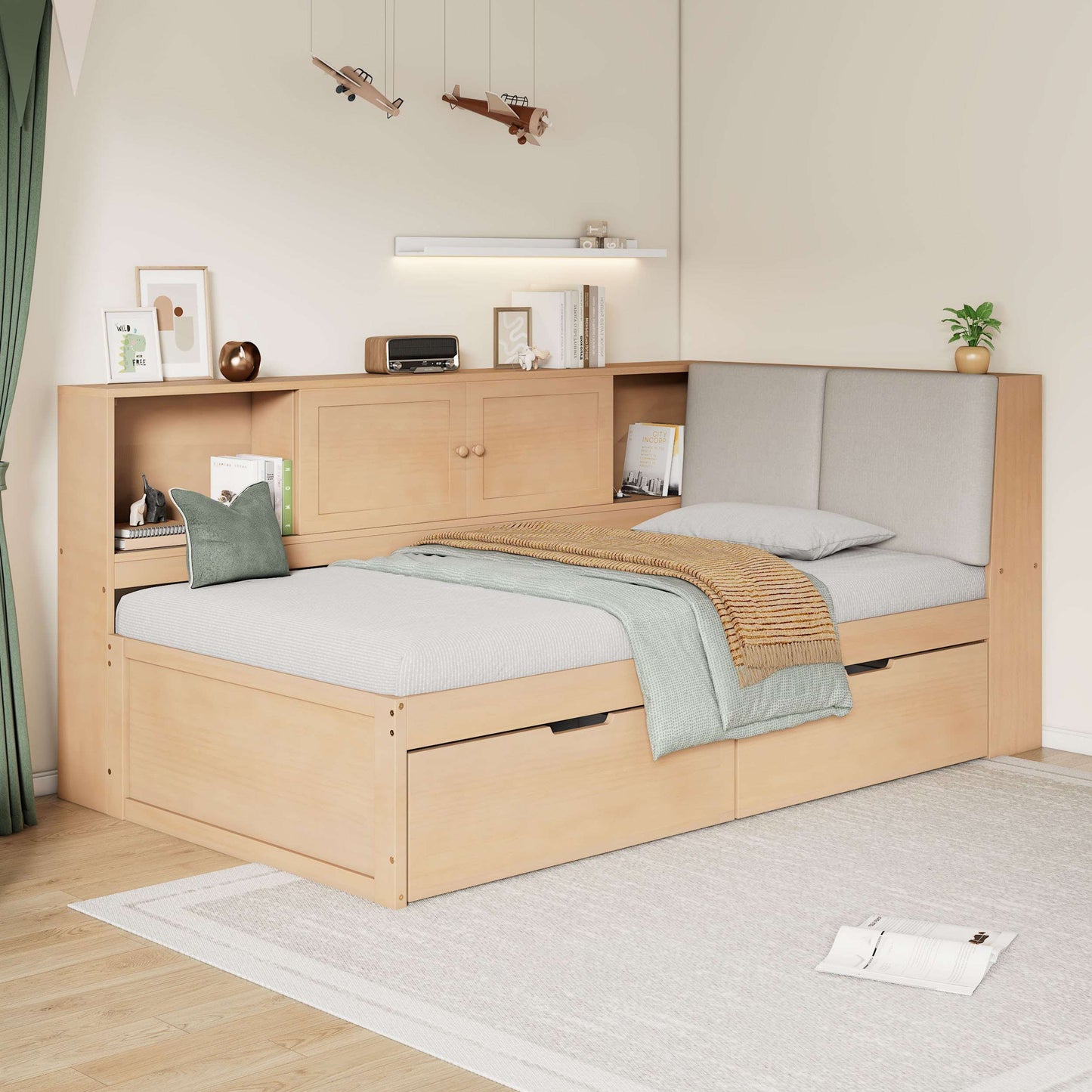 Natural wooden twin daybed with two mattresses, upholstered headboard, and under-bed drawers