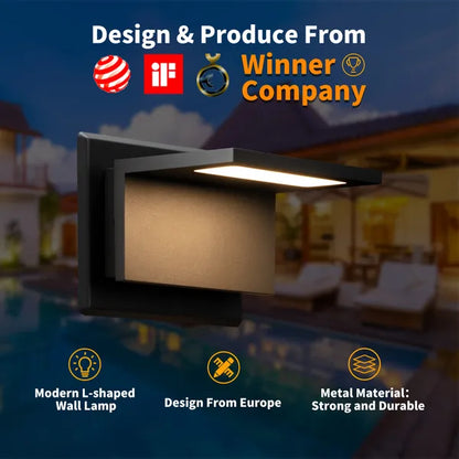 Black modern outdoor wall sconce with L-shaped frame and glowing rectangular light
