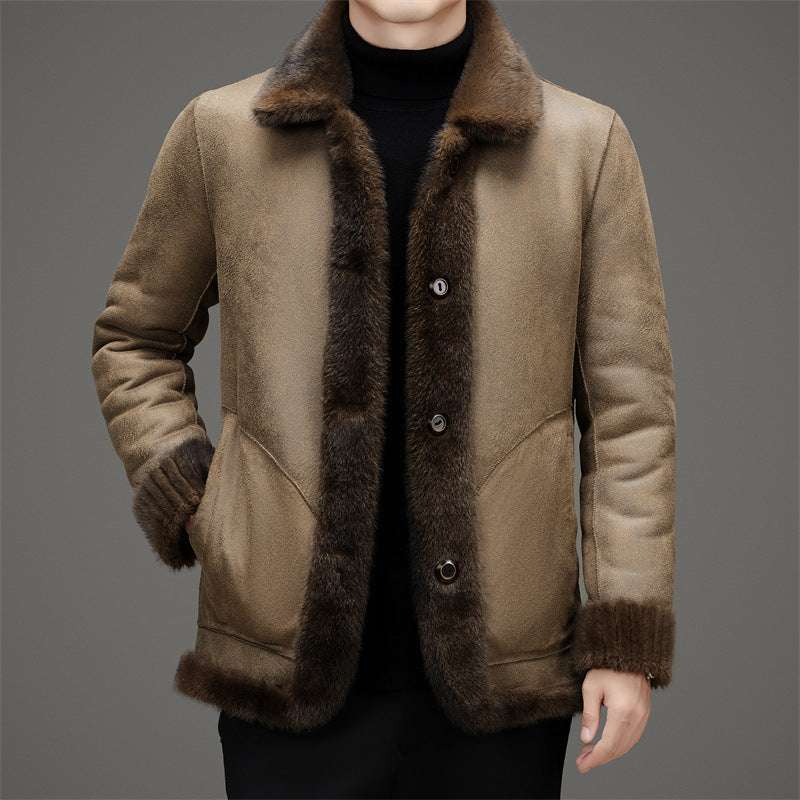 Men's Winter Middle-aged Lapel Golden Mink Leather Wool Coat