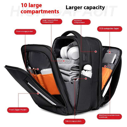 Open black laptop backpack showing multi-compartment interior and side zip pockets