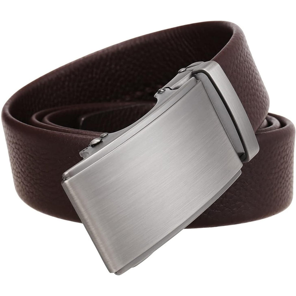 Men’s business casual automatic belt with dark brown leather and brushed silver automatic buckle