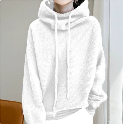 Women's Hooded Knitted Sweater | Minimalist Solid Color Knit Top Hooded Solid Color Knitted Sweater | Ectron Online