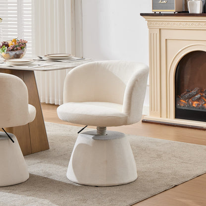 Beige upholstered swivel bar stool with rounded back, rounded seat, and pedestal base