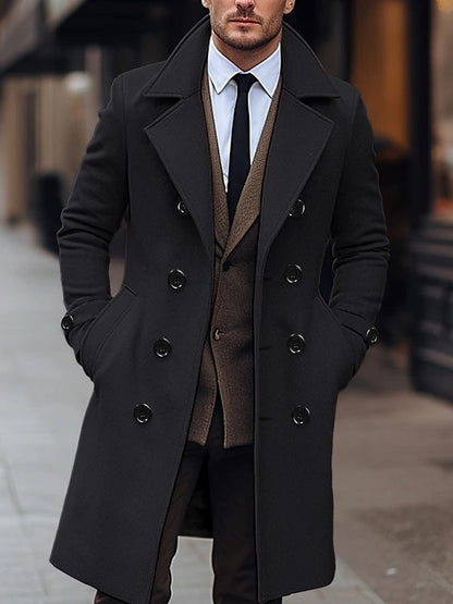 Men's long double-breasted wool coat, black with notch lapels and dark buttons