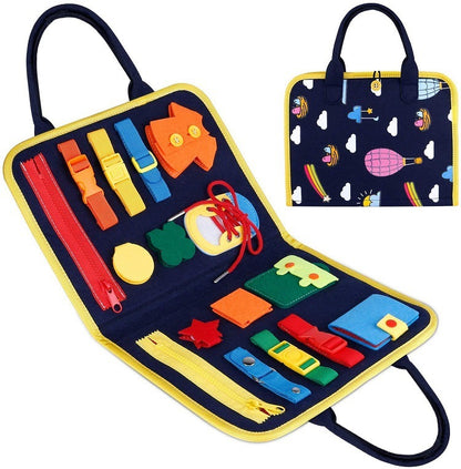 Colorful tool kit with various items on a white background