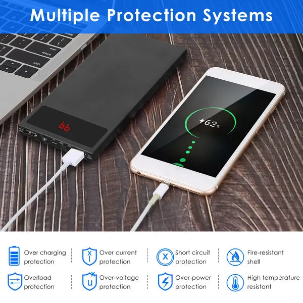 Black ultra-thin power bank charging a phone with white cables connected.