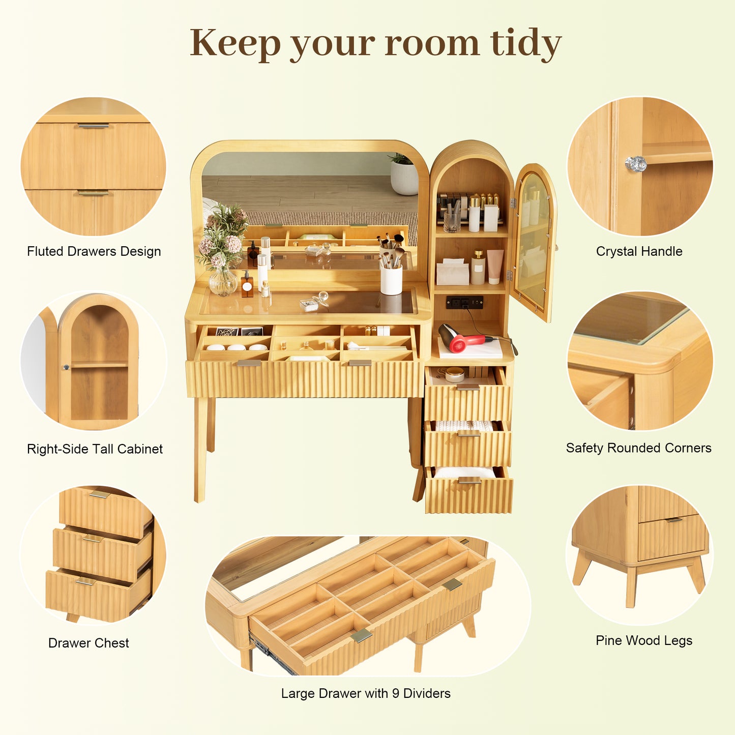 Natural Fluted Makeup Vanity with 32" Mirror & Charging Station