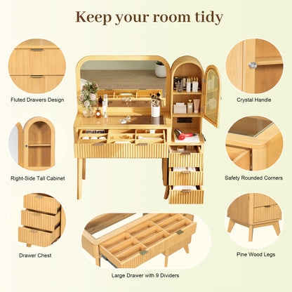 Fluted makeup vanity with open storage compartments, side cabinet, and rounded corners
