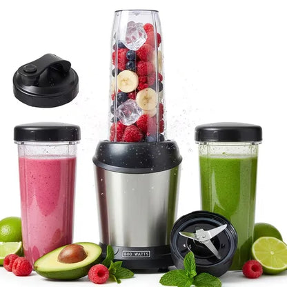 Blender with three cups filled with fruit blends and a black travel lid