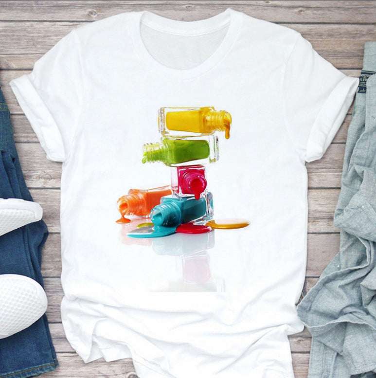 Nail Polish Bottle Print T-Shirt – Fun Short Sleeve Tee Nail Polish Bottle Print Short Sleeve | Ectron Online