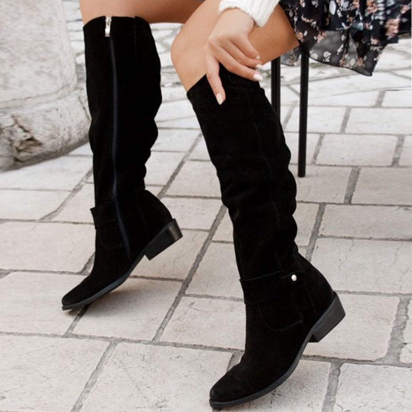 Autumn And Winter Low Heel Side Zipper Suede Women's High Boots