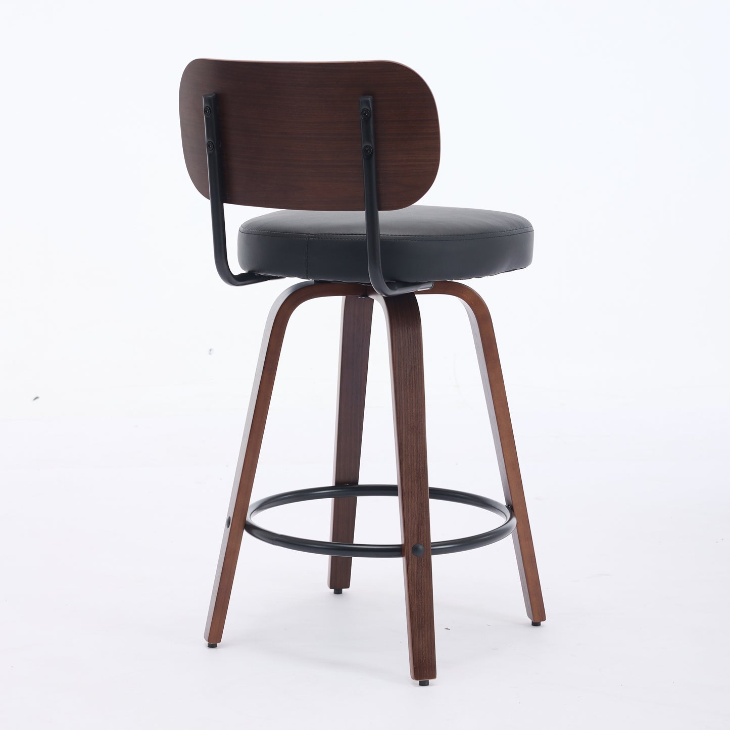 Set of 2 Swivel Counter Stools - Black Faux Leather & Walnut Back