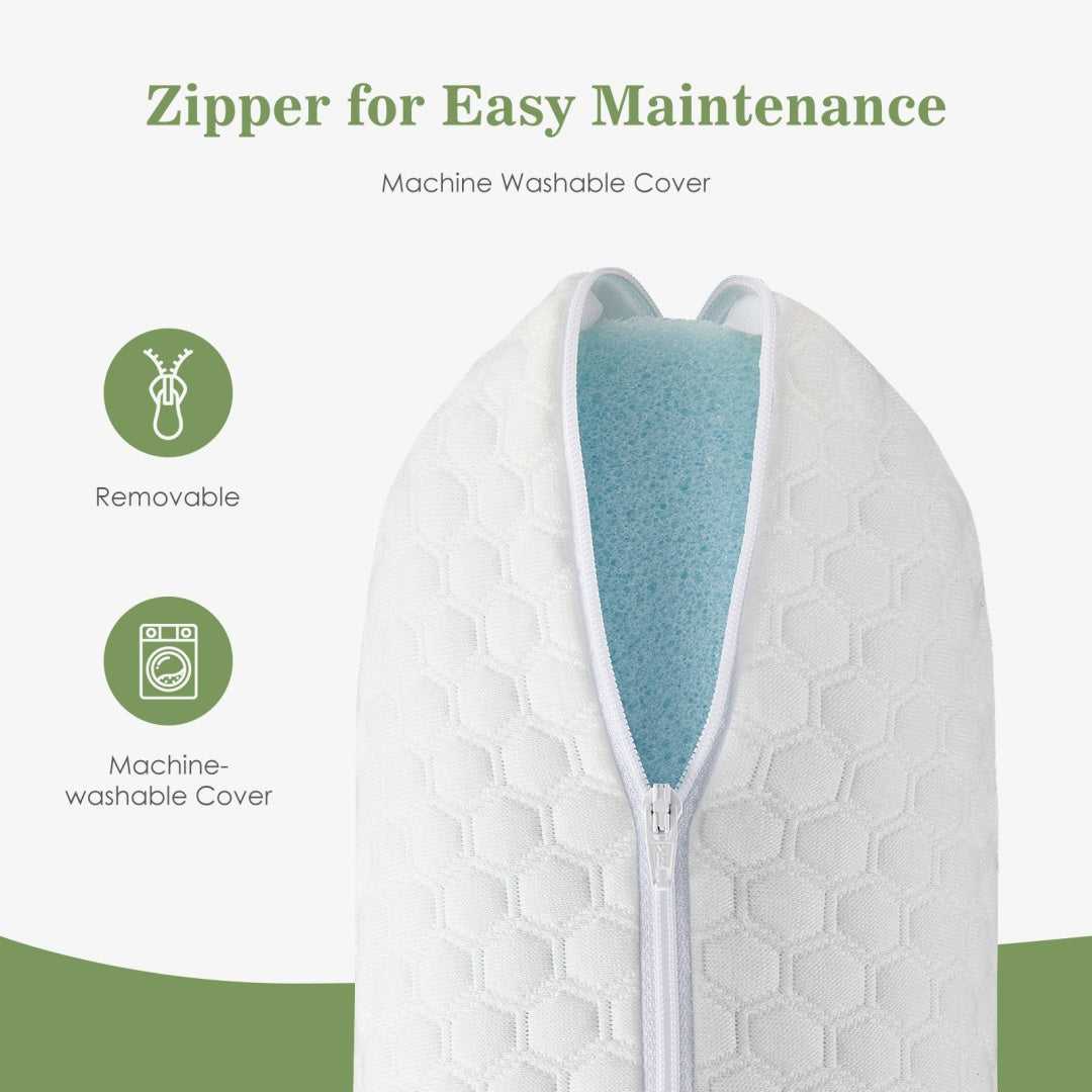 Memory foam pillow with removable zippered cover showing blue inner foam