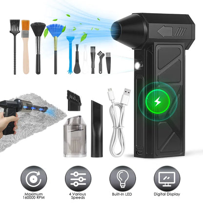 Handheld electric duster/vacuum kit, black unit with nozzle and included attachments