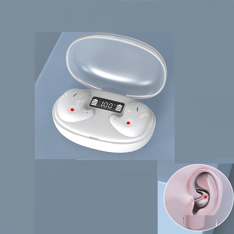 White wireless Bluetooth earbuds charging case with open lid and earbud close-up