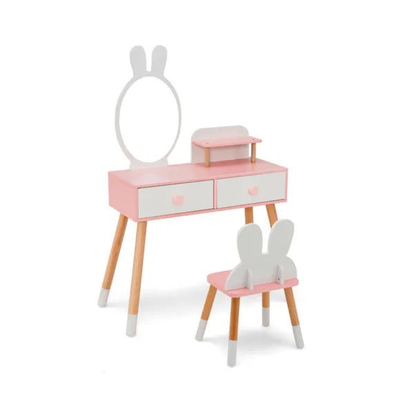 Pink kids vanity table with round mirror, two drawers, and matching twin bunny stool