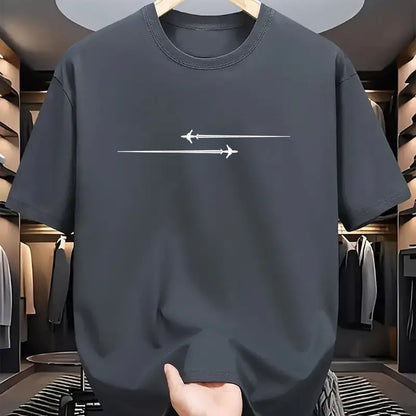 Men's sports t-shirt, dark gray crew-neck with centered airplane line graphic