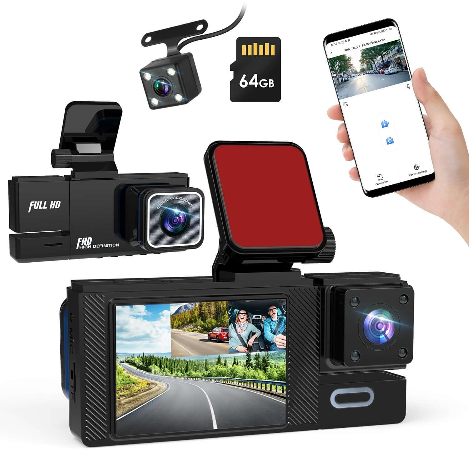 3-Channel WiFi Dash Cam 1080P - Front, Rear & Cabin 1Pc WiFi FHD 1080P Car Dash Cam 3 Channe | Ectron Online