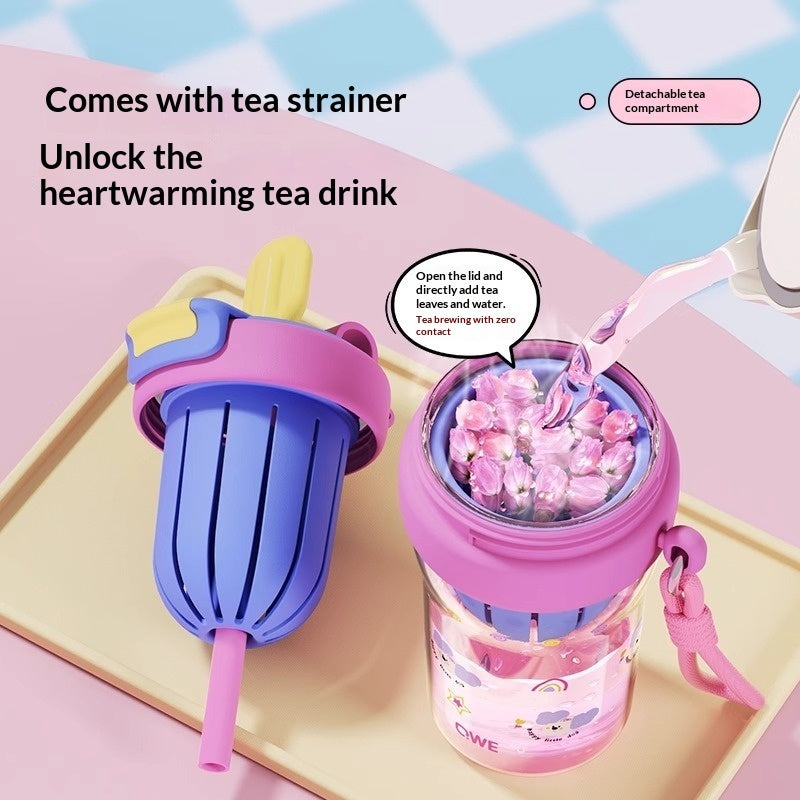 Kids tumbler with detachable tea strainer compartment and open lid, straw cup design