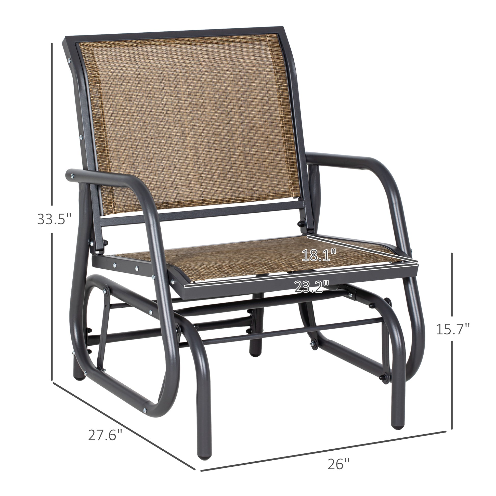 Outdoor steel glider chair with black frame, tan woven cushion, and width measurements