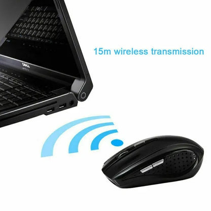 Black wireless optical mouse with dotted side texture and wireless signal icon