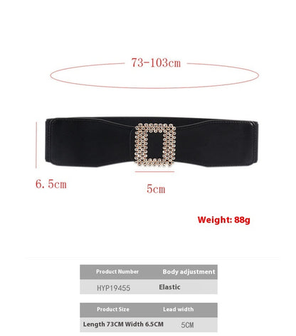 Elastic Female Black Rhinestone Square Buckle Elastic Waistband