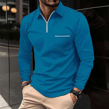 Long-sleeve sports polo shirt, teal quarter-zip with chest pocket
