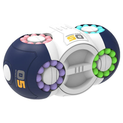 Rotating magic bean cube fidget toy with purple, pink, cyan, and green bead rings