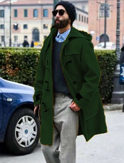 Men’s hooded wool trench coat in deep green with horn-style buttons and flap chest pockets.