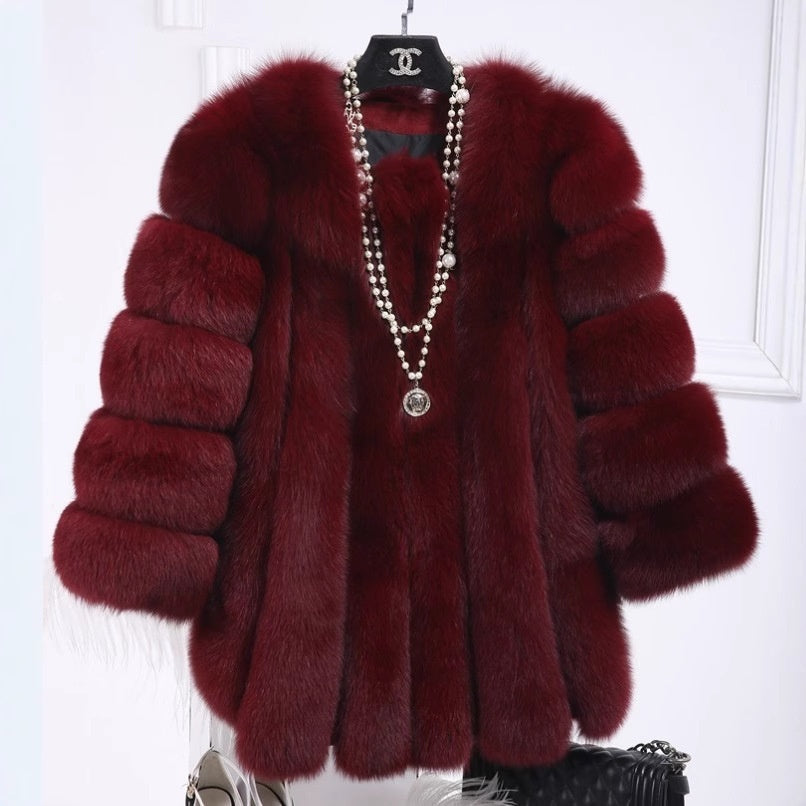 Women's Fox Fur Mid-Length Coat | Luxurious Winter Fur Jacket