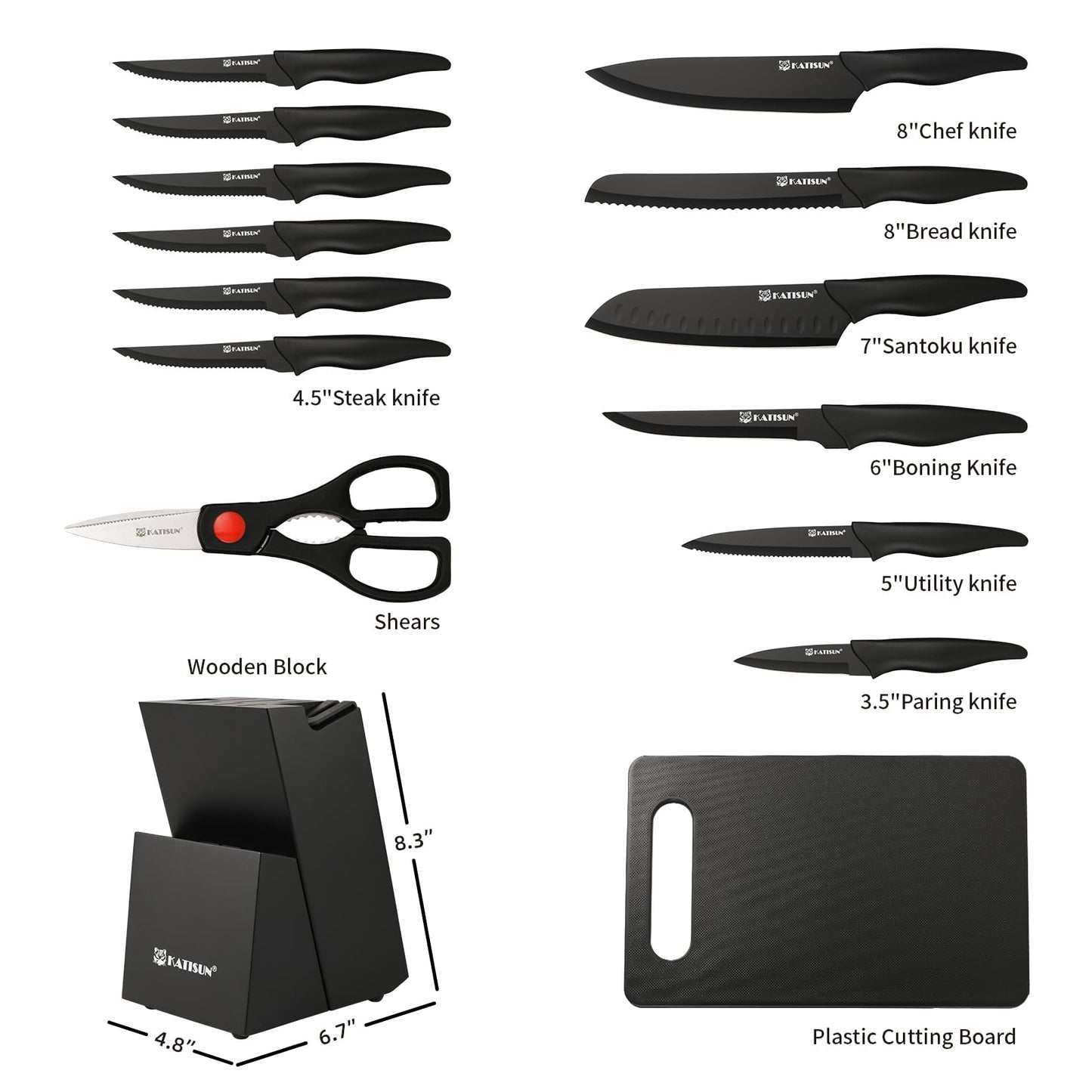 Assorted black knife set pieces with block, shears, and plastic cutting board