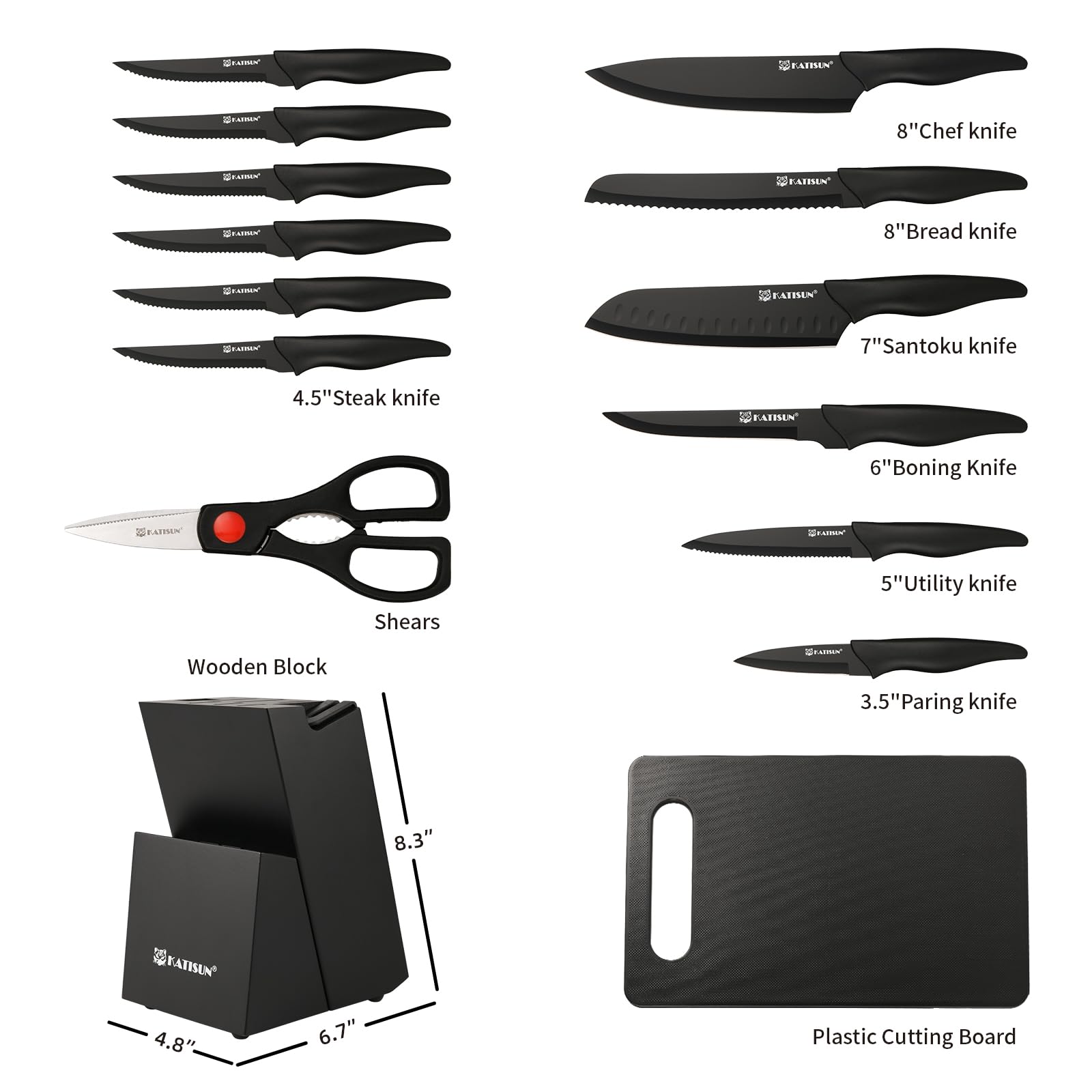 Assorted black knife set pieces with block, shears, and plastic cutting board