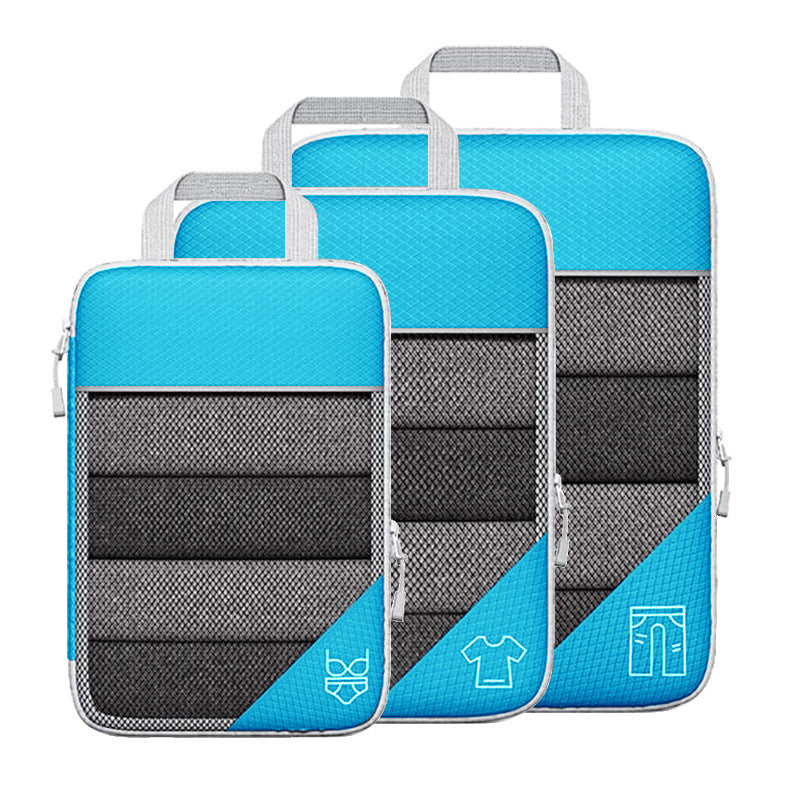 Luggage organizer set with compression bags and shoe bag, light blue and gray panels