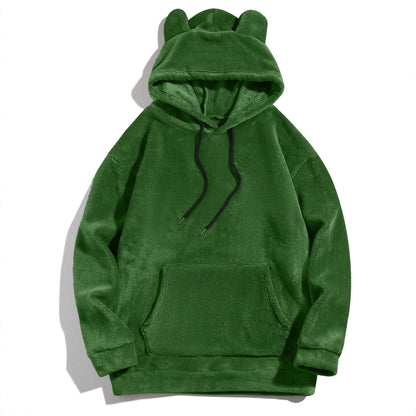 Green fleece hoodie with bear-ear hood, front kangaroo pocket, drawstring ties