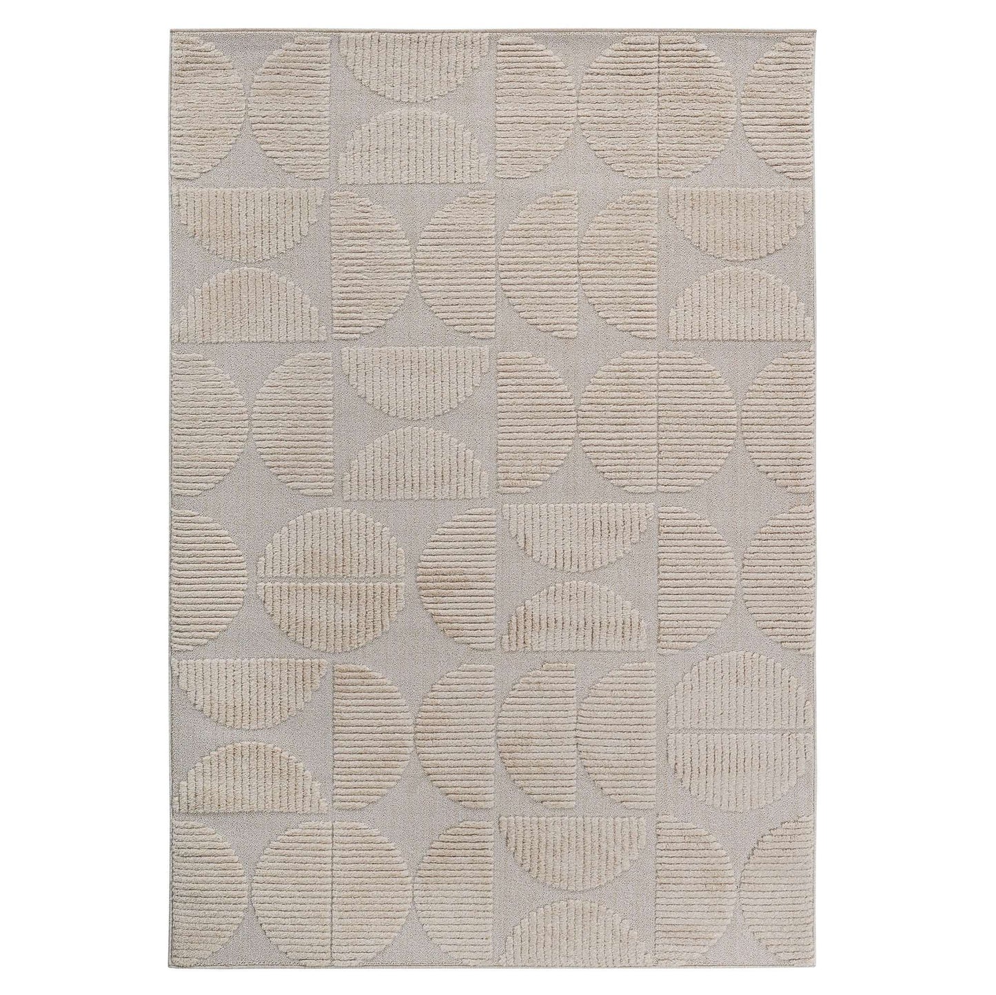 Beige geometric rug with repeating circular and square texture