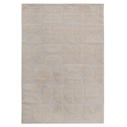 Beige geometric rug with repeating circular and square texture