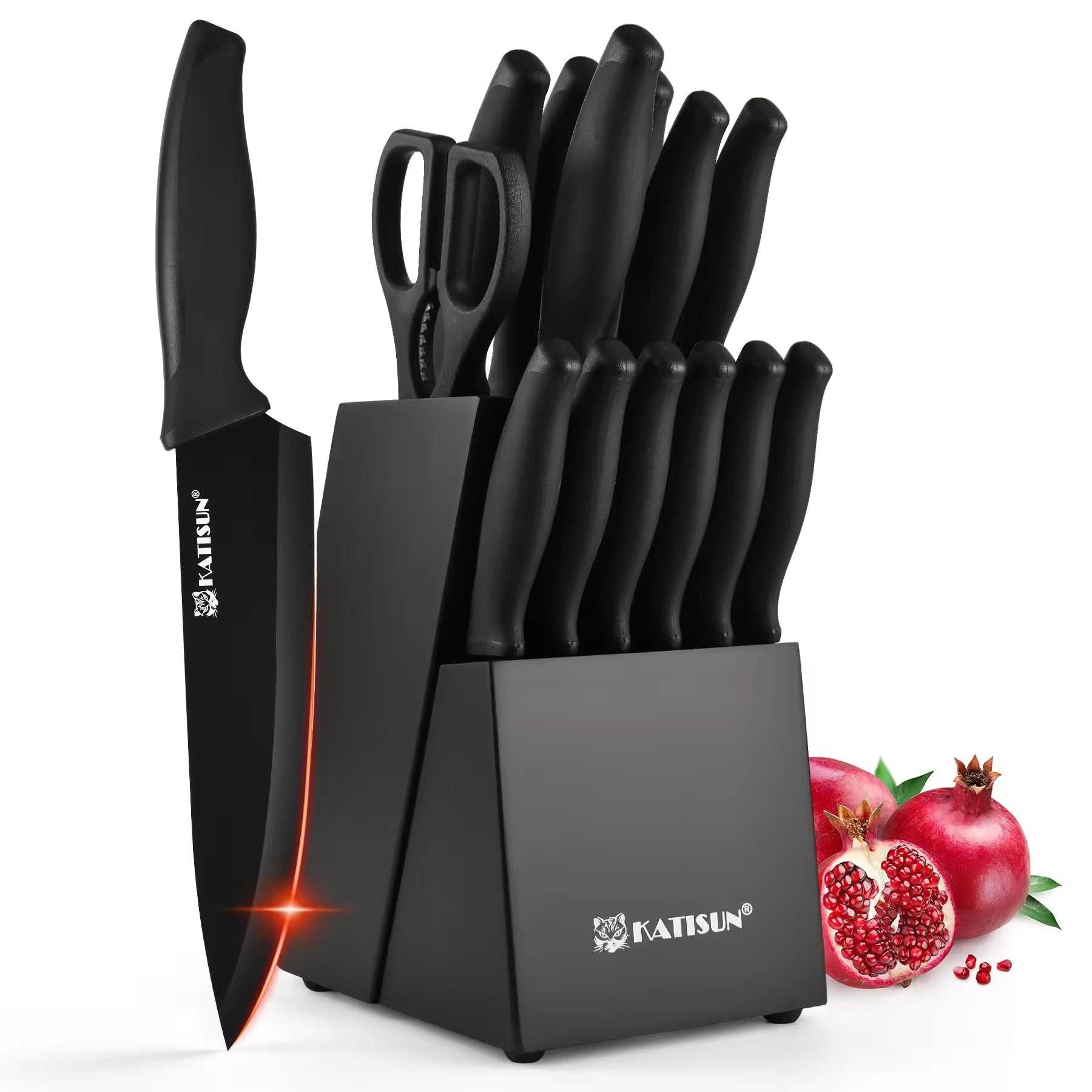 Black kitchen knife block set with built-in sharpener, upright knives with dark handles