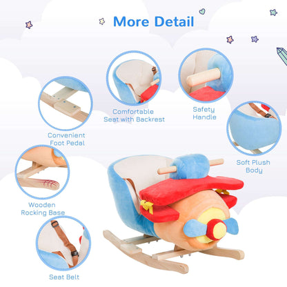 Plush rocking horse with blue seat and red saddle, shown with comfort and safety features