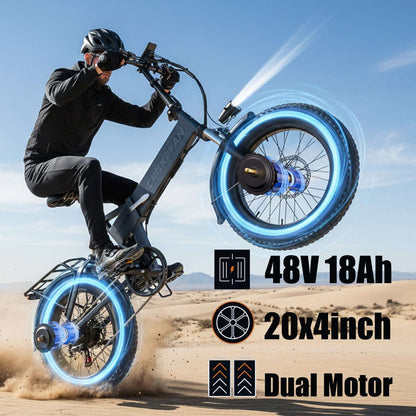 Electric e-bike with fat tires and illuminated front wheel, angled side view with rider