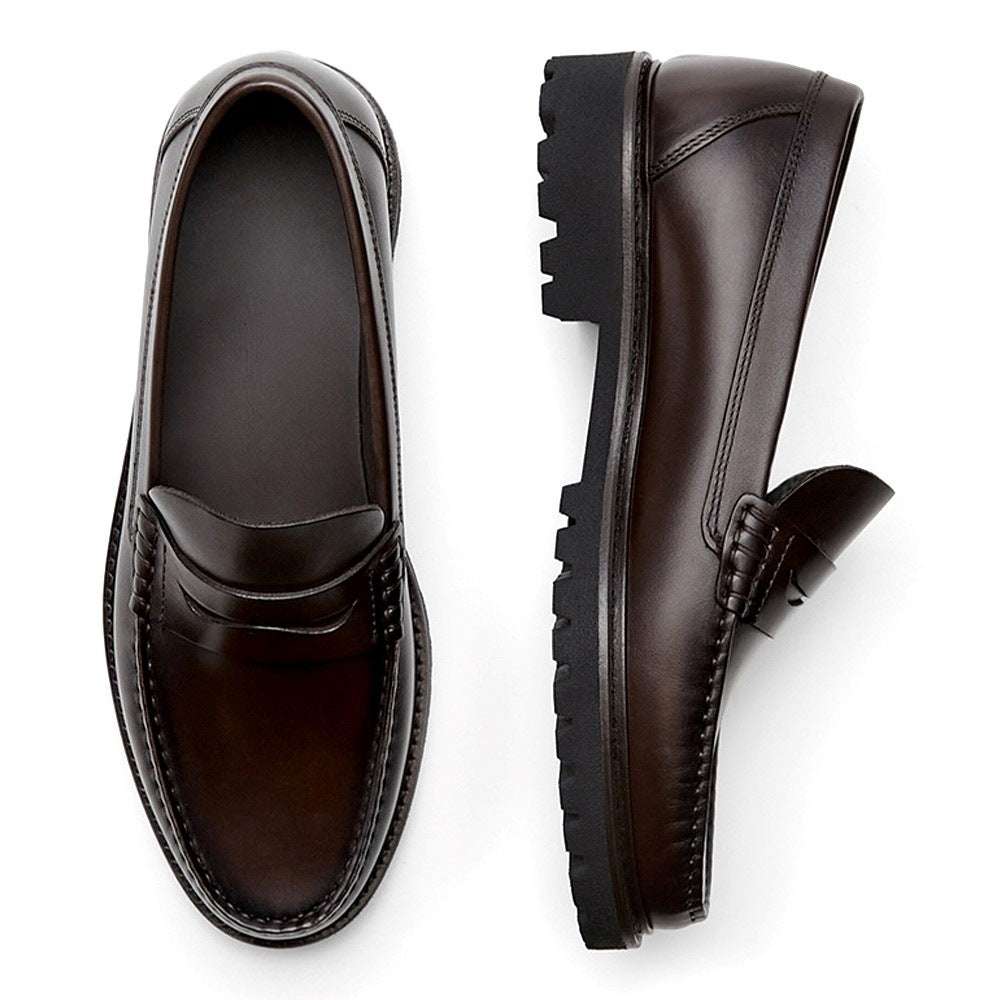 Brown leather loafers pair, side view with stitched apron and chunky outsole