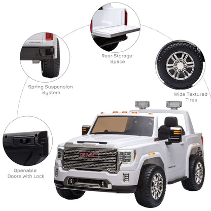 White kids ride-on truck with open doors, rear storage, spring suspension, wide tires