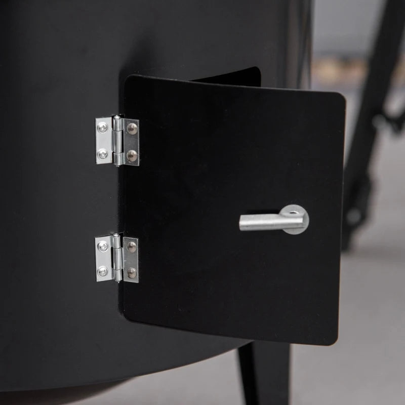 Black smoker access door with two metal hinges and latch handle