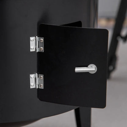 Black smoker access door with two metal hinges and latch handle