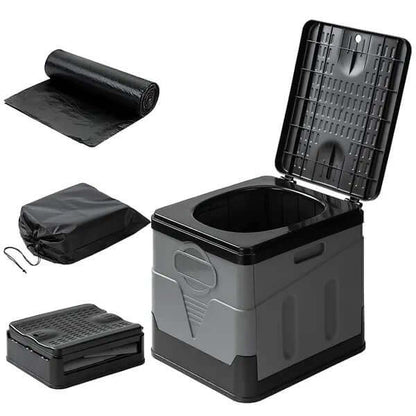 Grey portable foldable camping toilet with open seat and raised lid