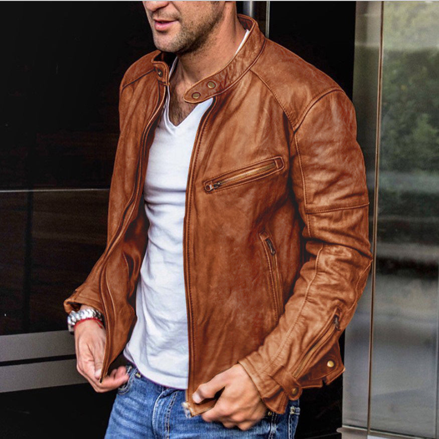 Stand-collar PU leather jacket in brown, zip front, chest pocket, snap cuffs