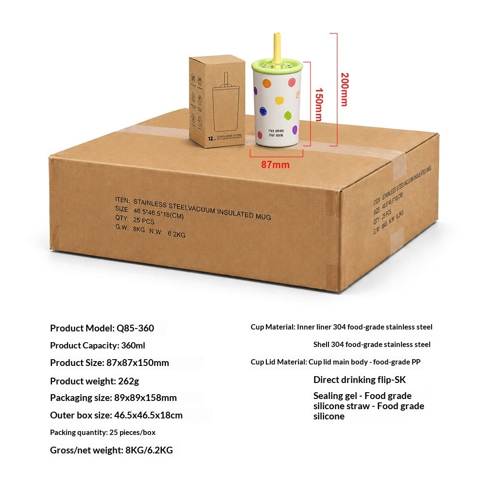 Kids leak-proof water bottle in box packaging with cup and straw visible
